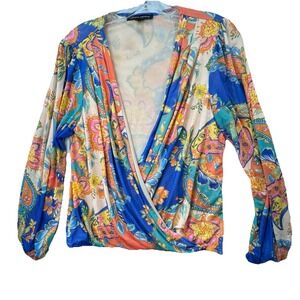 Boston Proper Printed Deep VNeck Faux Wrap Stretchy Blouse Small Supplice Bright